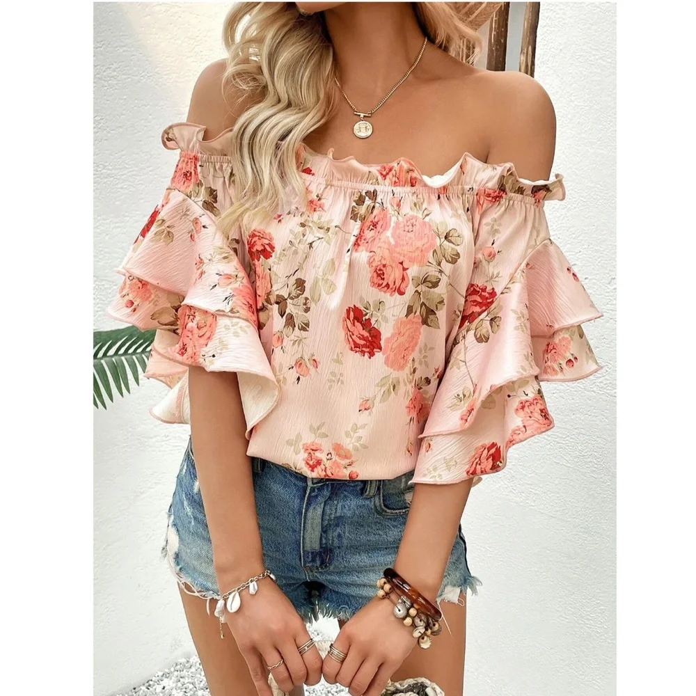 Floral Print Pink Off Shoulder Ruffle Detail Top Blouse Shirt - Picture 7 of 8